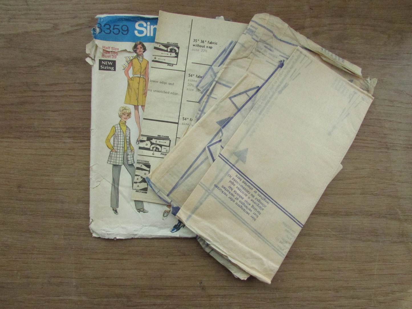 Part cut 1969 Simplicity 8359 sewing pattern for dress or jumper or tunic & pants in women's and half-sizes, size 16.5 (complete)