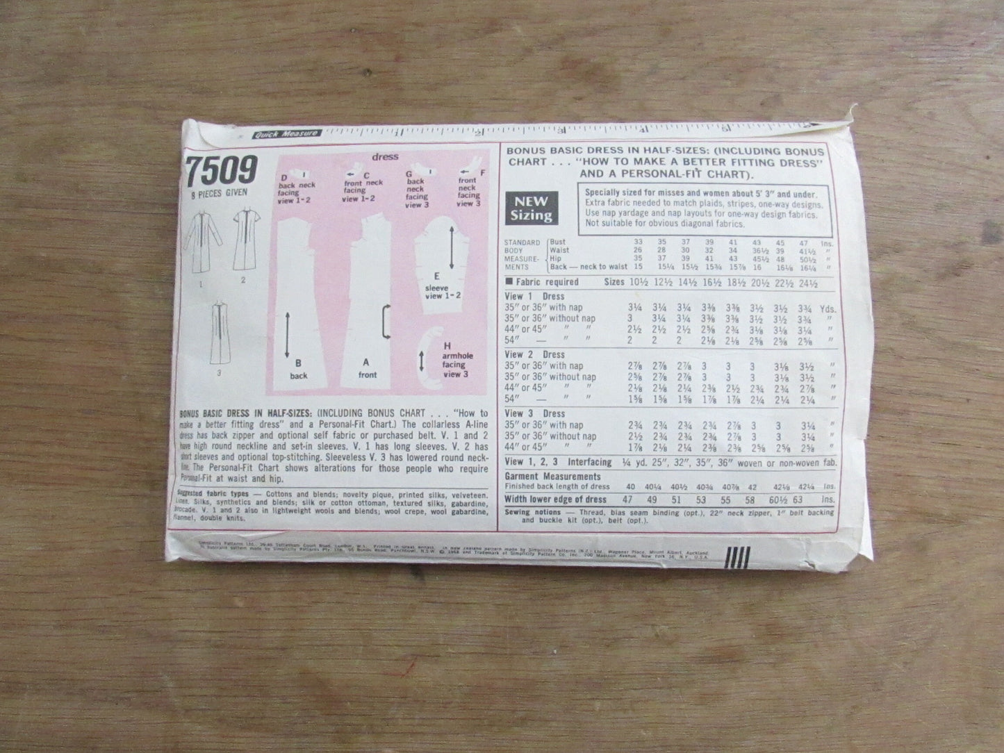 Part cut 1968 Simplicity 7509 sewing pattern for bonus basic dress in half-sizes, size 22.5 (complete)