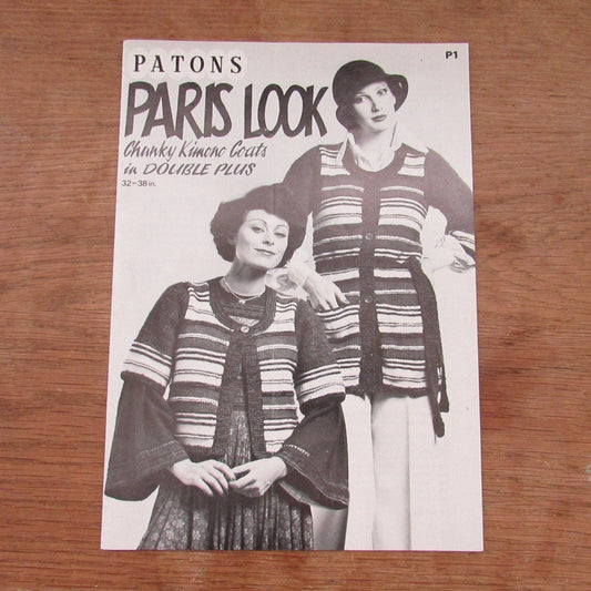 1974 Patons Paris Look P1 knitting pattern for chunky kimono coats, sizes 32"-38"