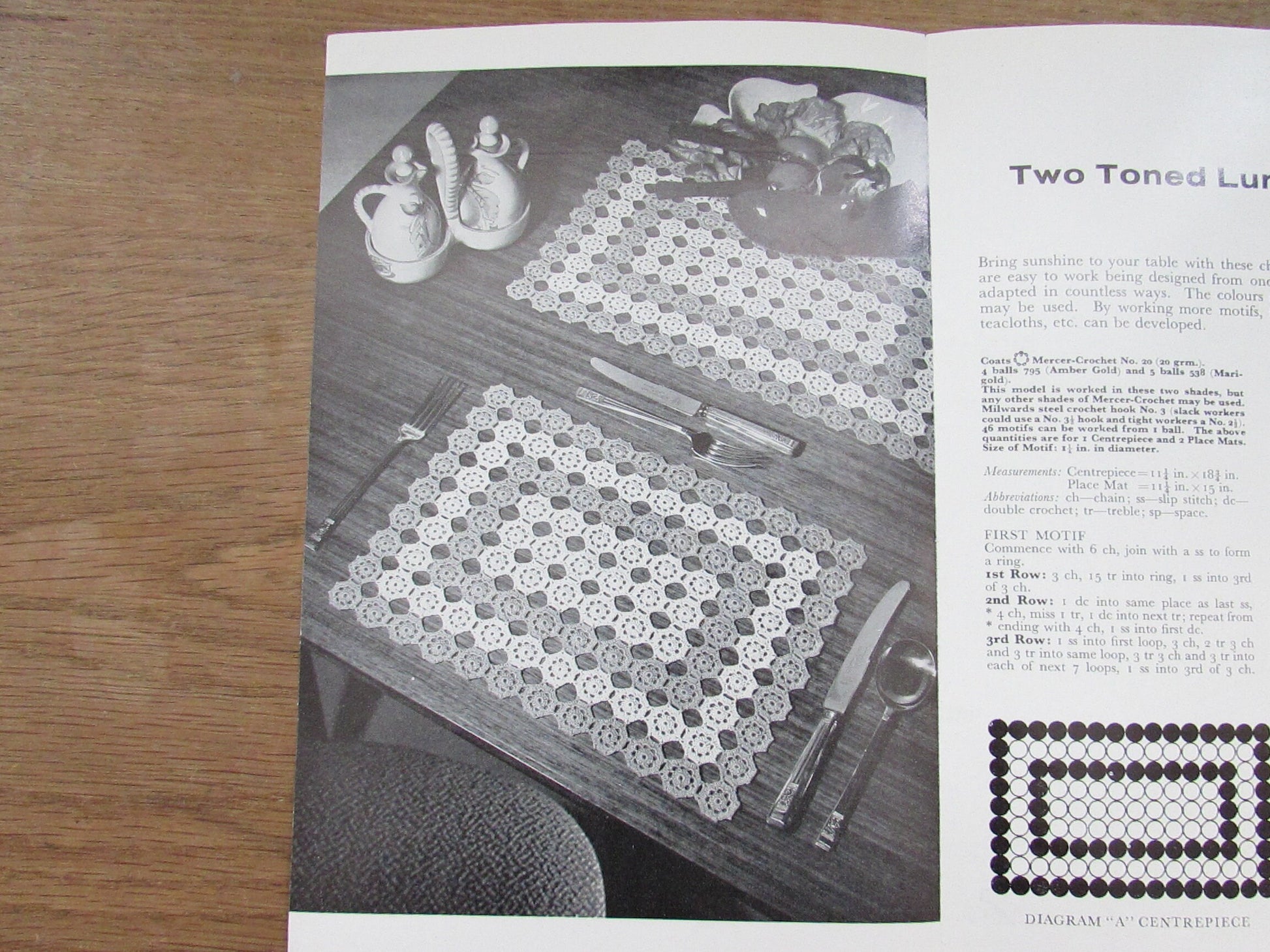1970s Coats Mercer No.20 crochet design for two-toned luncheon mats