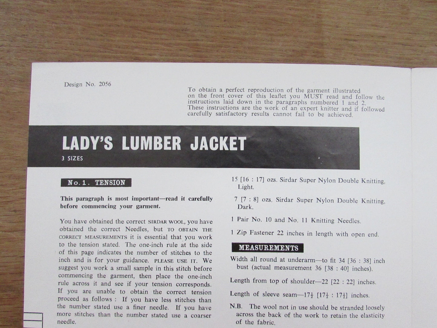 Vintage Sirdar 2056 knitting pattern for lady's lumber jacket, sizes 34"-38"