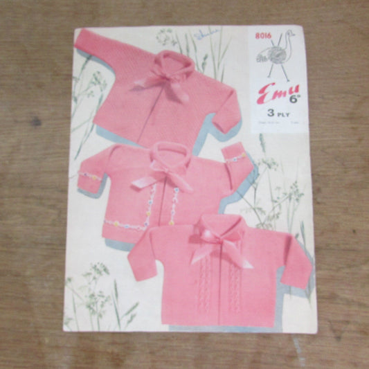 Vintage Emu 8016 knitting pattern for baby jackets, chest 19-21"