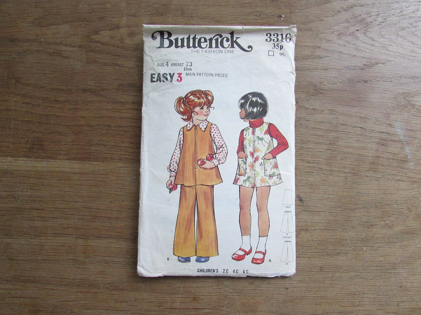 Used 1970s Butterick 3310 sewing pattern for children's jumper & pants, size 4 (see description below)