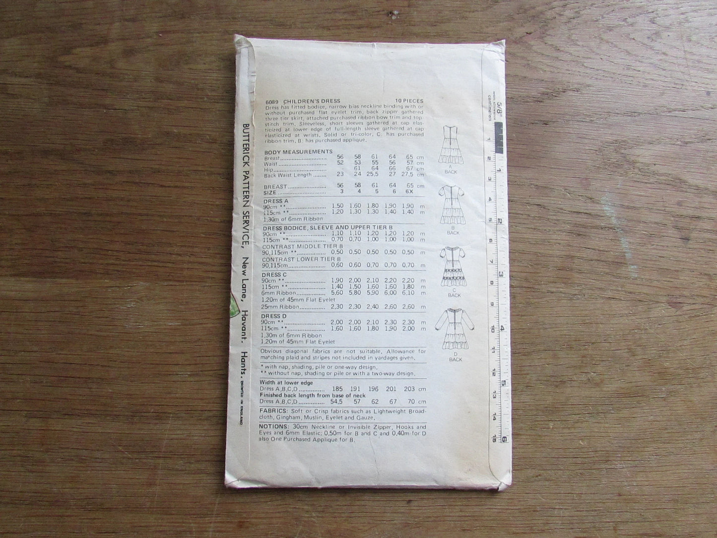 Part cut 1980s Butterick 6089 sewing pattern for children's dress, size 4 (complete)