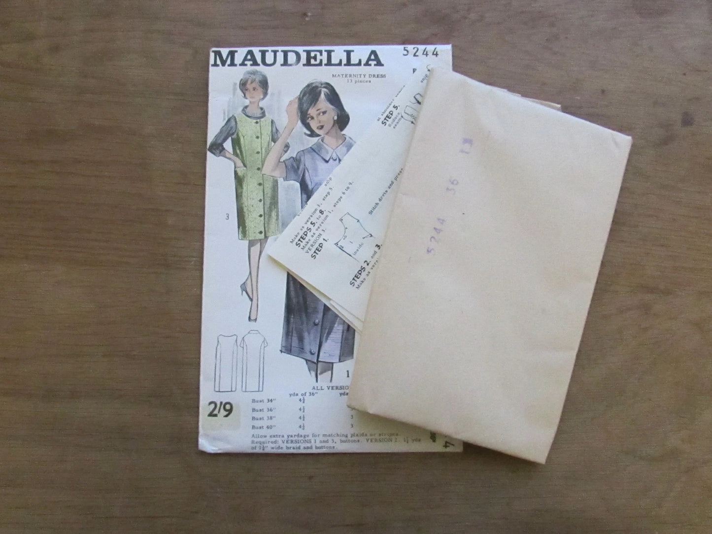 Uncut 1960s Maudella 5244 sewing pattern for maternity dress, size 12 (complete)