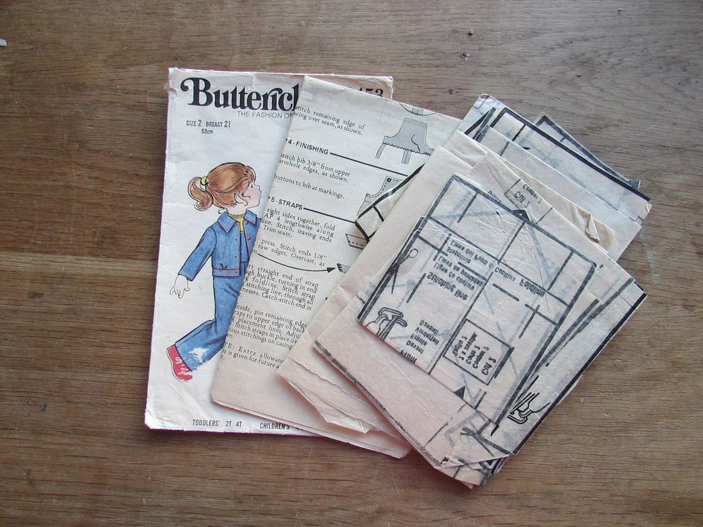 Part cut 1970s Butterick 3453 sewing pattern for toddlers' & children's jacket and overalls. size 2 (complete)