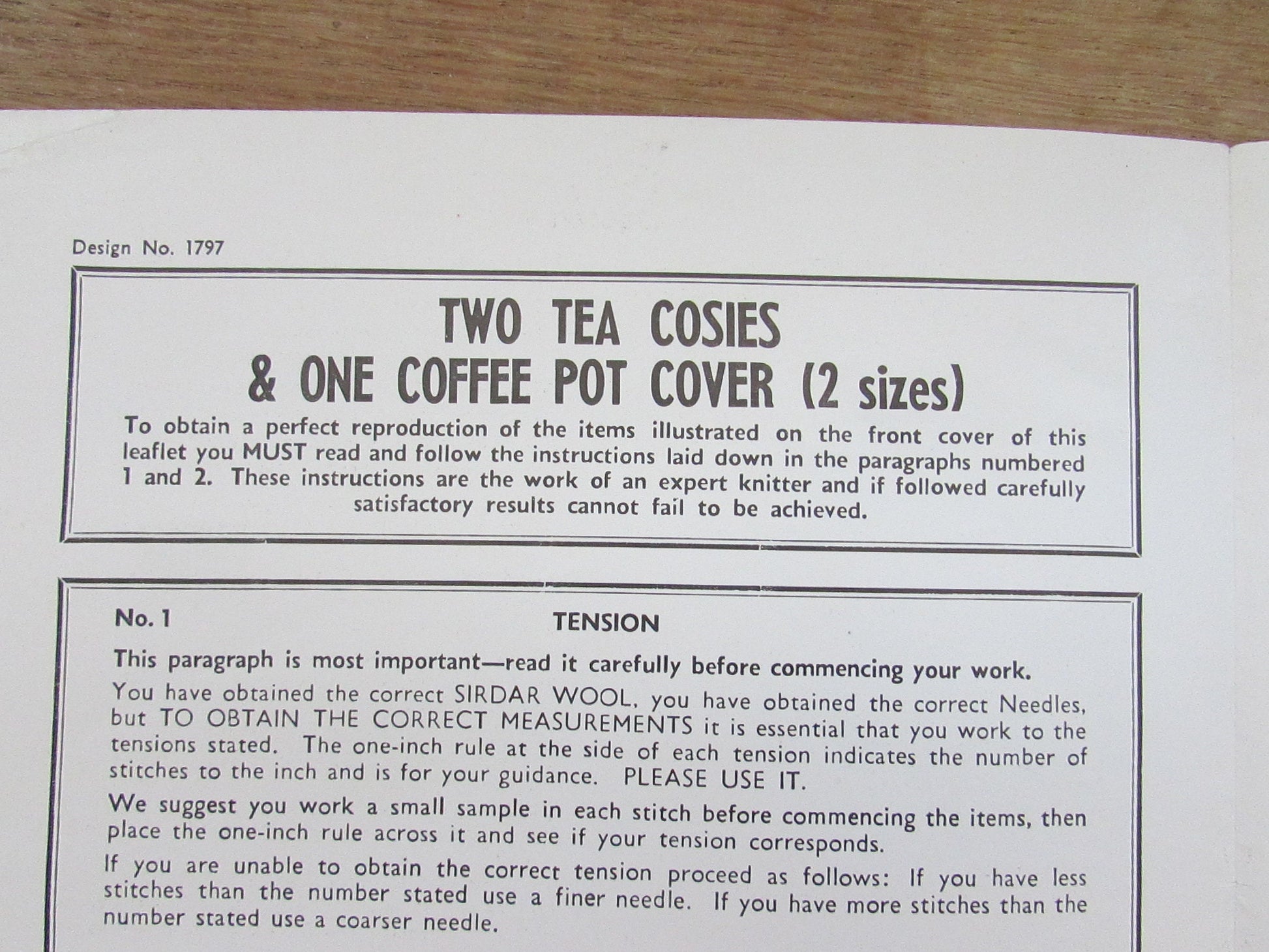 1940s Sirdar 1797 knitting pattern for two tea cosies, & one coffee pot cover
