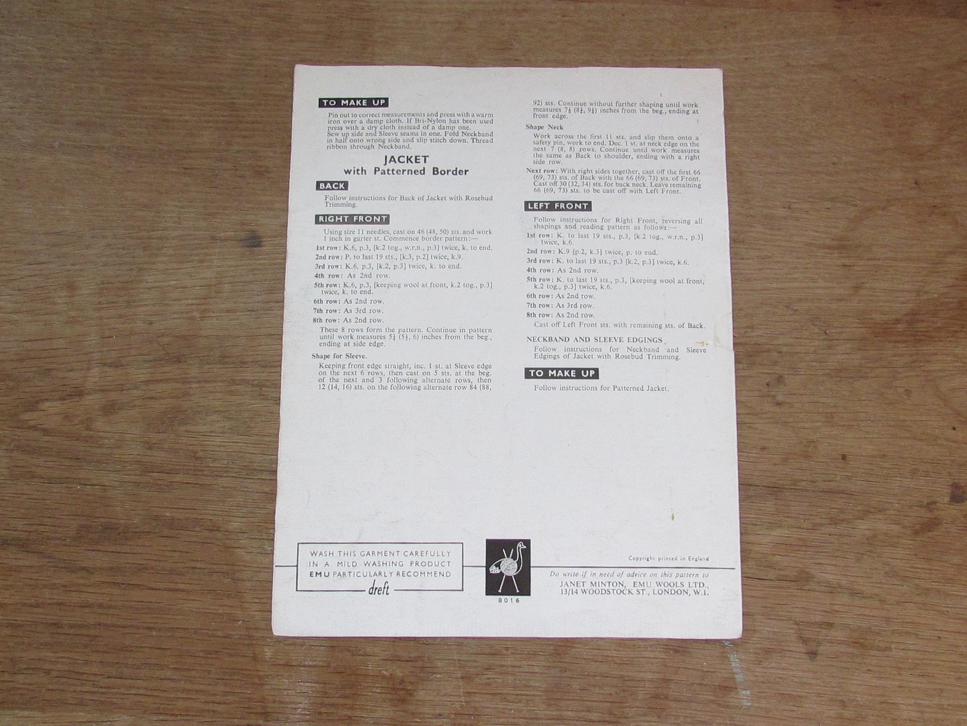 Vintage Emu 8016 knitting pattern for baby jackets, chest 19-21"