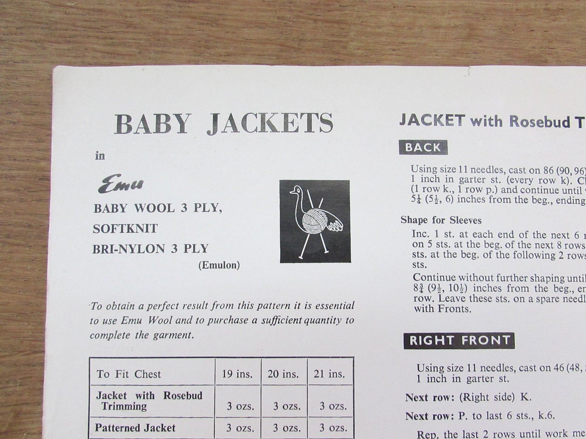 Vintage Emu 8016 knitting pattern for baby jackets, chest 19-21"