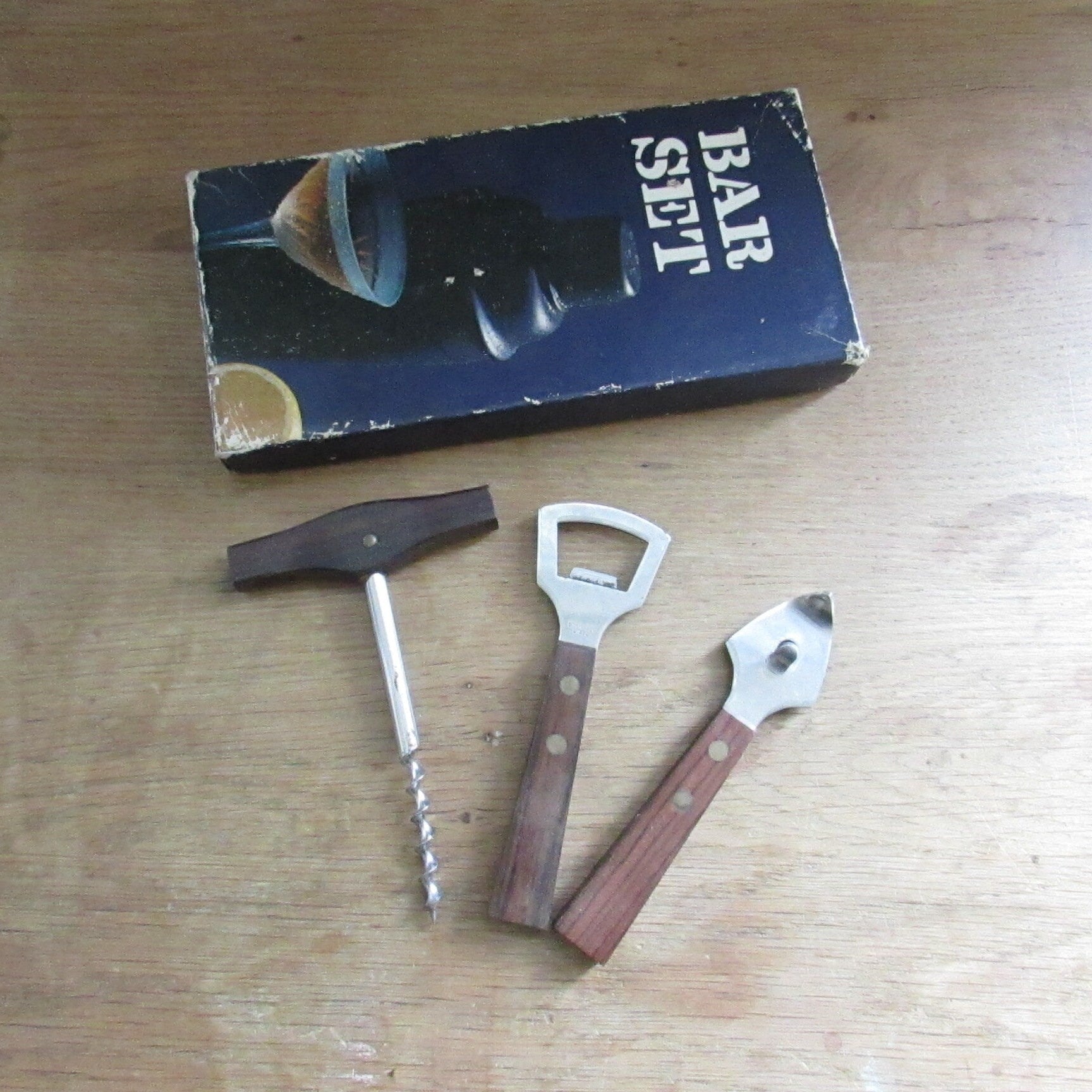 1970s 3-piece teak & stainless steel bar set
