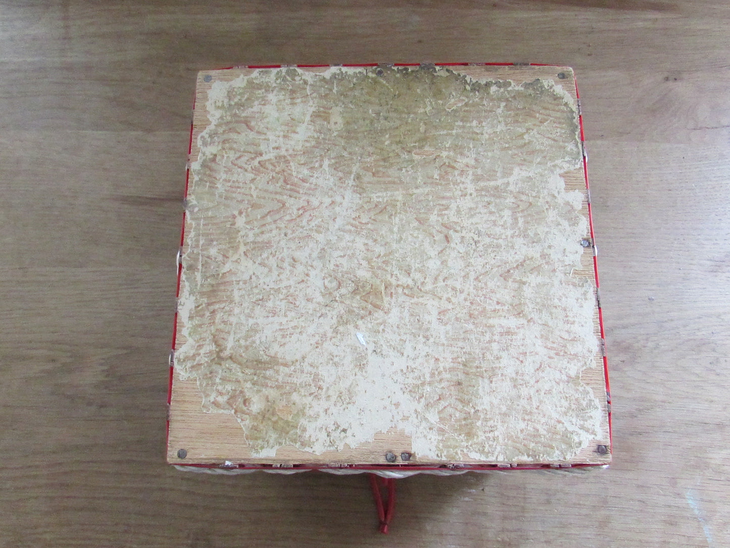 Mid-century red vinyl & wicker sewing box, depicting mother and baby deer