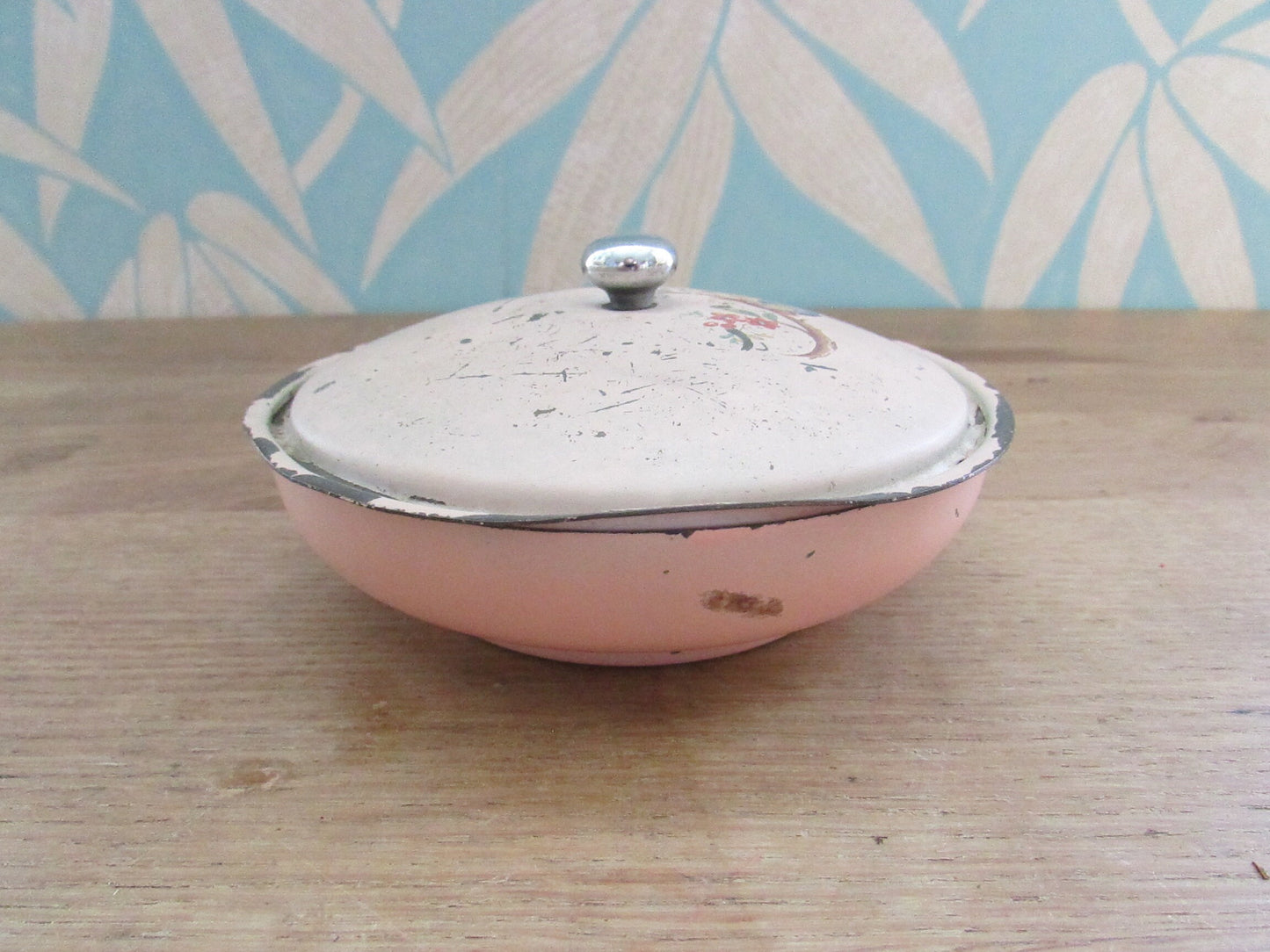 Vintage hand painted pink enamel lidded soap/trinket dish, bird on blossom branch