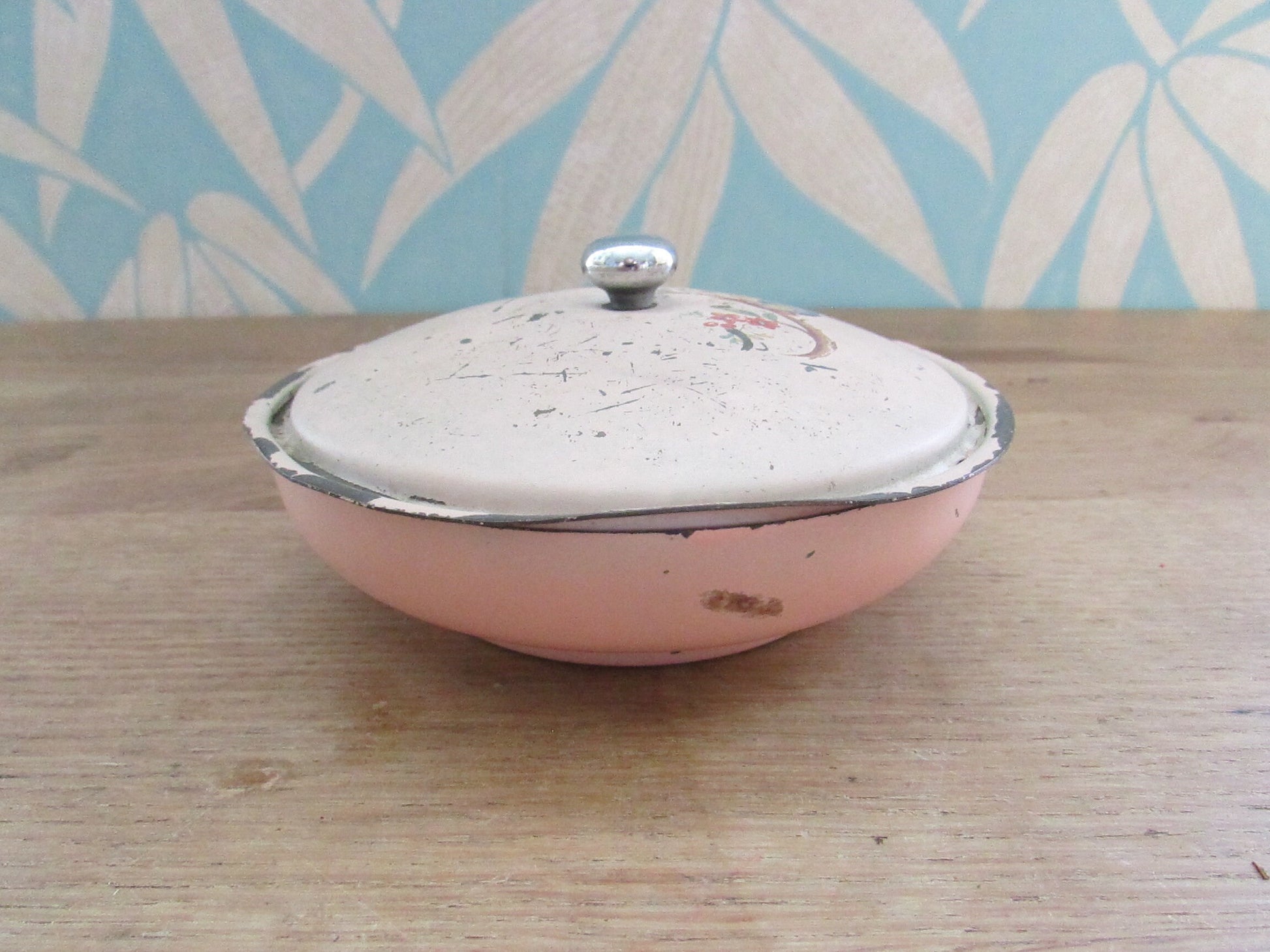 Vintage hand painted pink enamel lidded soap/trinket dish, bird on blossom branch