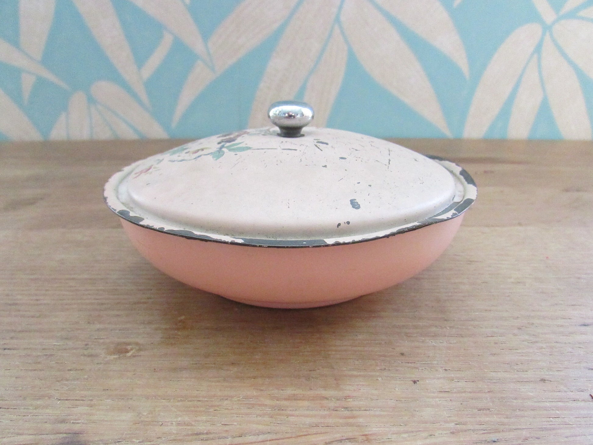 Vintage hand painted pink enamel lidded soap/trinket dish, bird on blossom branch