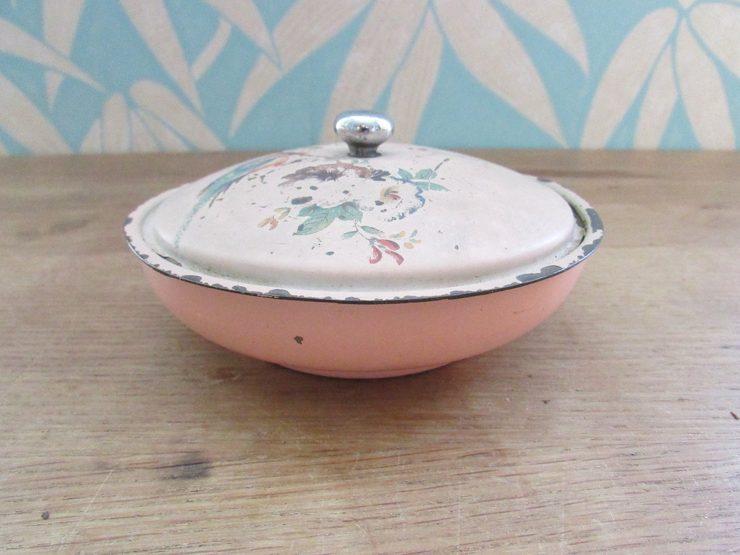 Vintage hand painted pink enamel lidded soap/trinket dish, bird on blossom branch