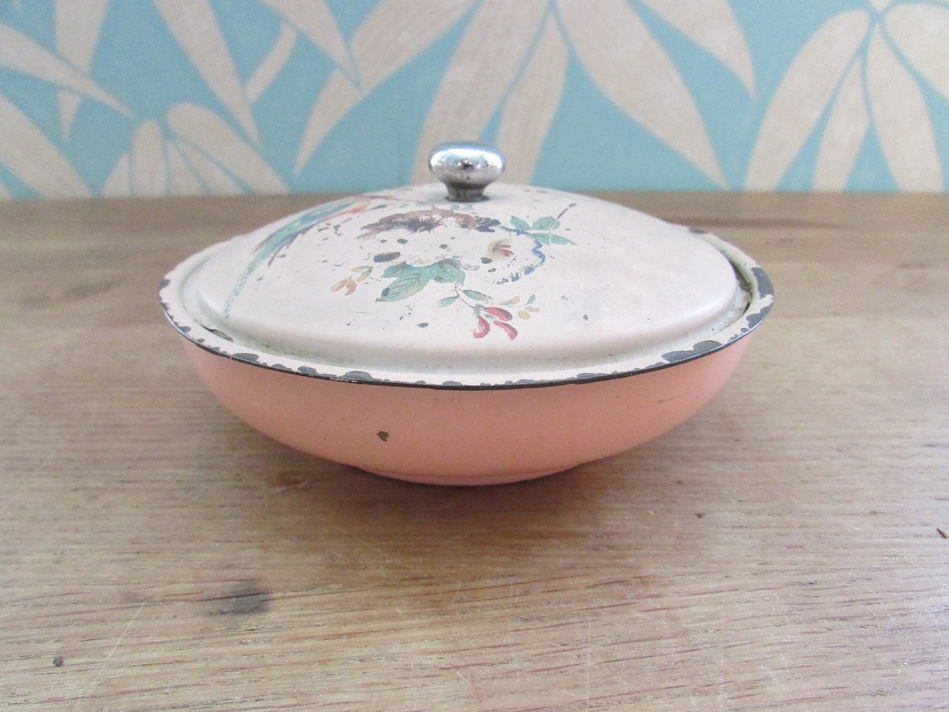 Vintage hand painted pink enamel lidded soap/trinket dish, bird on blossom branch