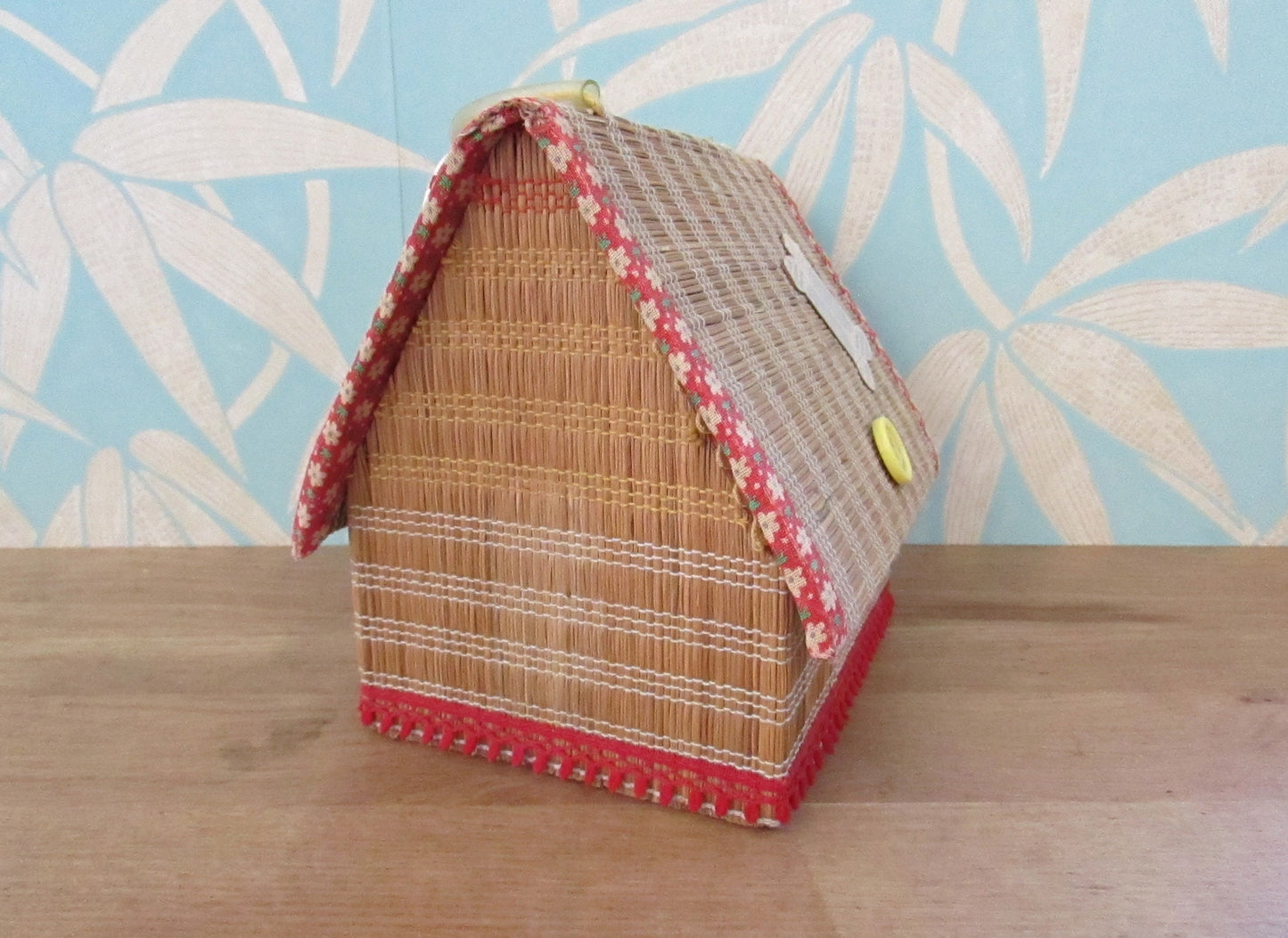 Vintage house-shaped woven raffia/reed sewing basket