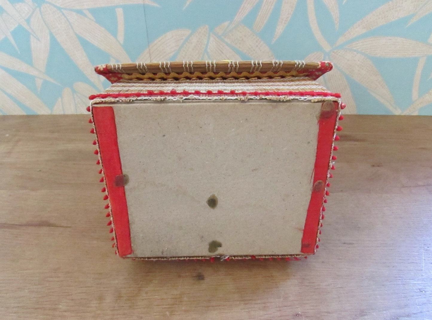 Vintage house-shaped woven raffia/reed sewing basket