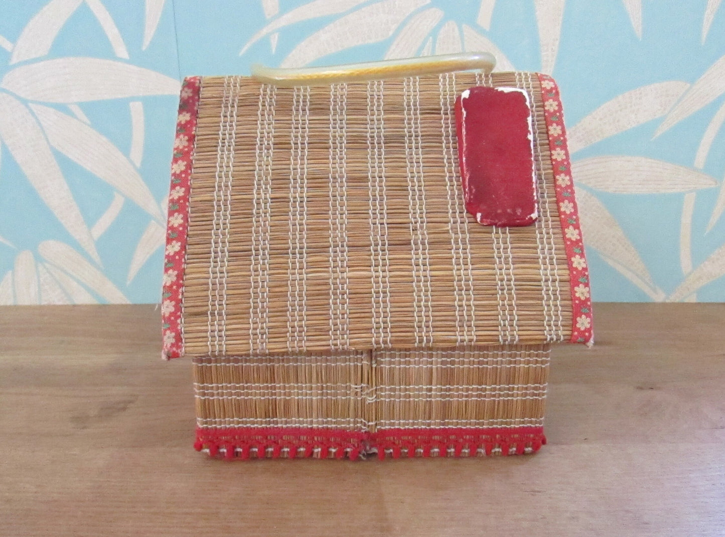 Vintage house-shaped woven raffia/reed sewing basket