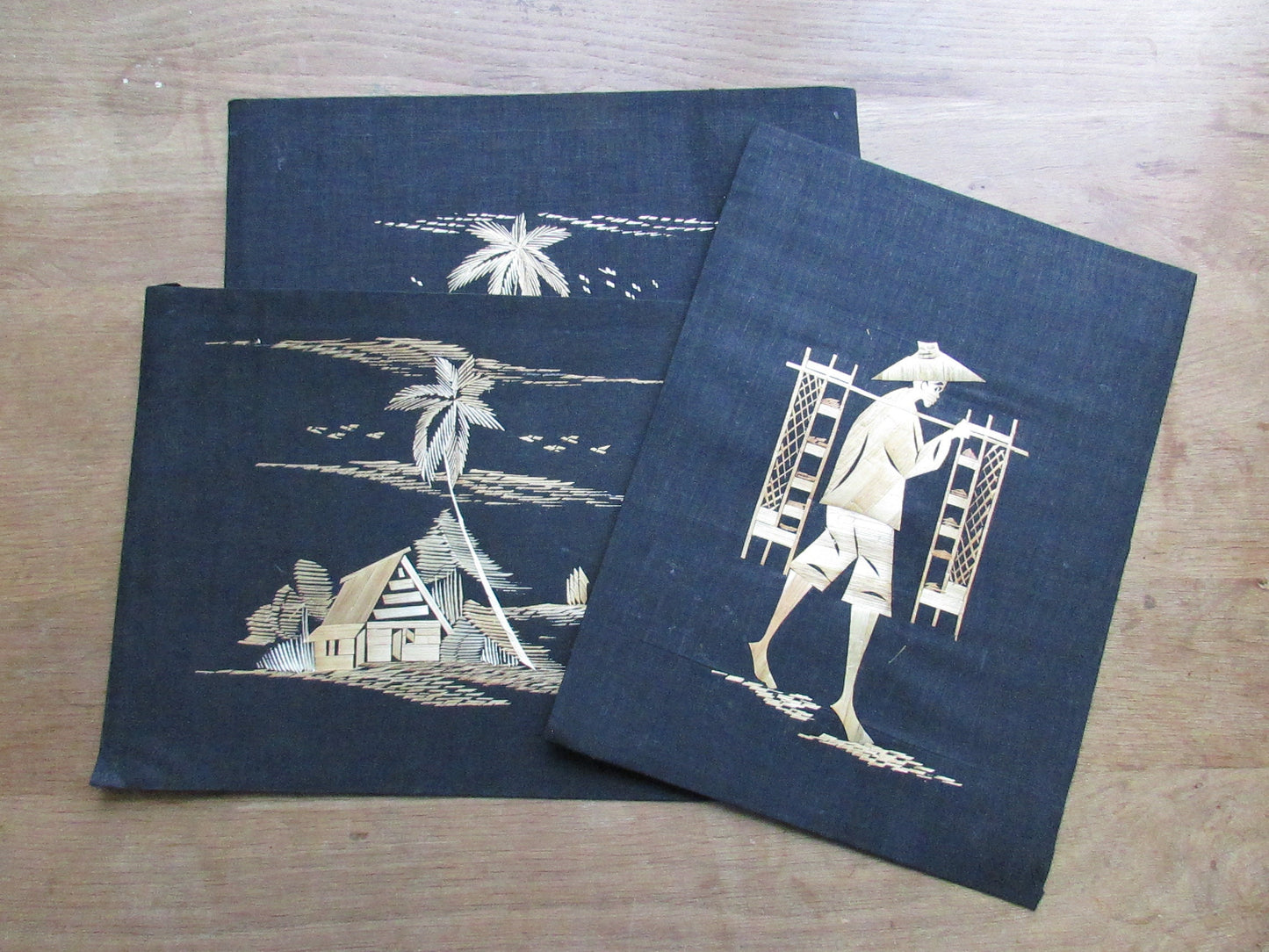 Set of three vintage Asian straw art pictures