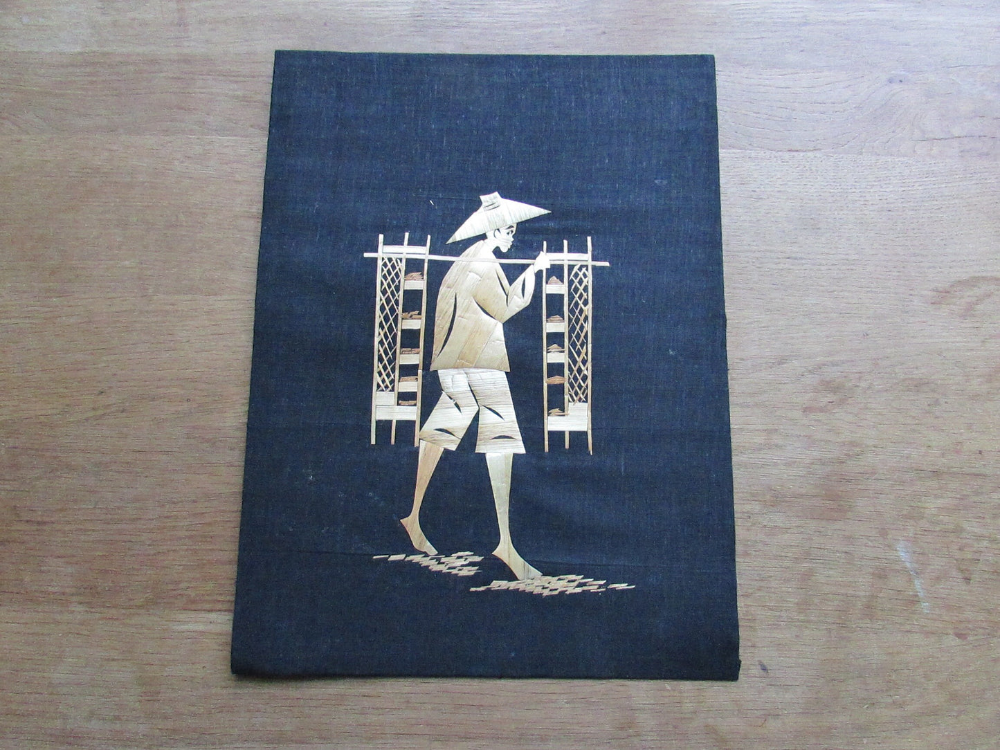 Set of three vintage Asian straw art pictures