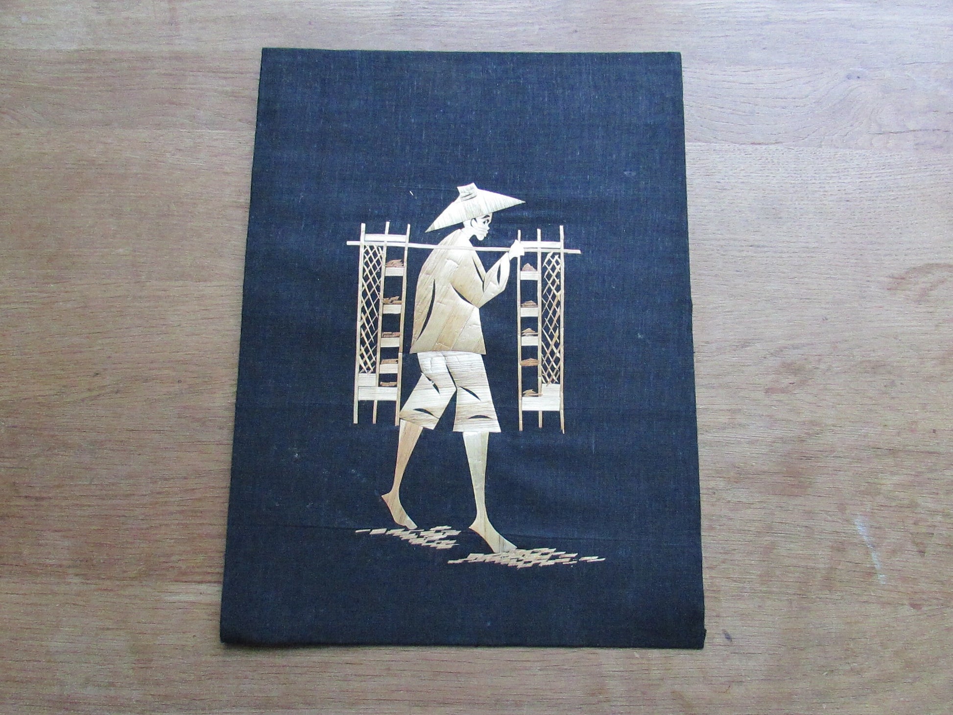 Set of three vintage Asian straw art pictures