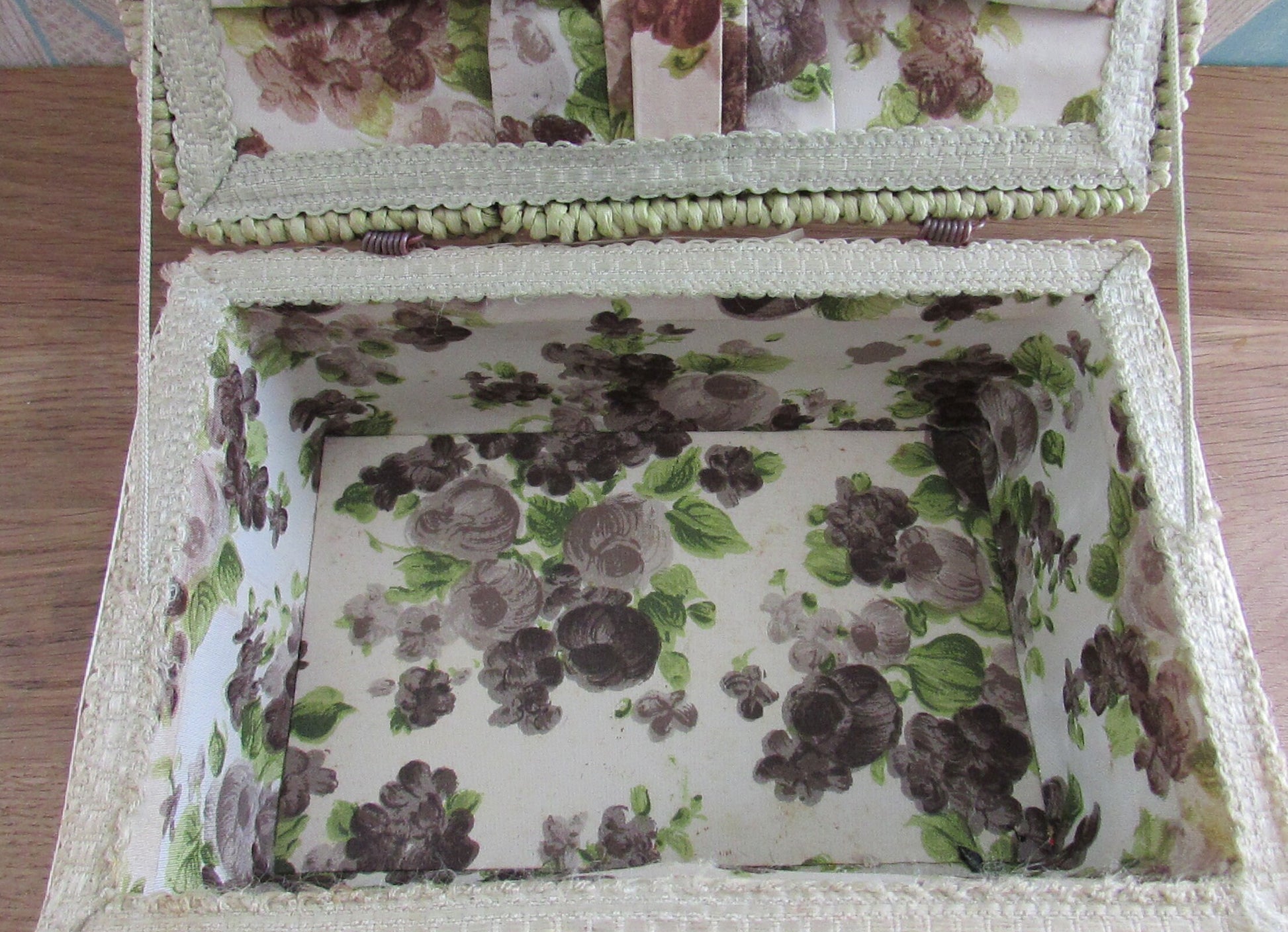 1960s floral plastic top wicker sewing box with fabric-covered lining