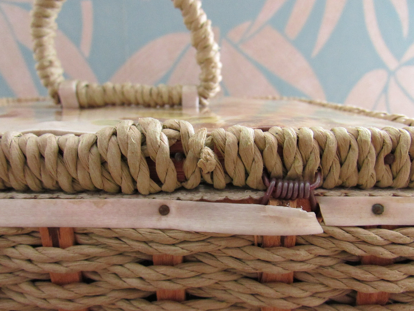 1960s floral plastic top wicker sewing box with fabric-covered lining