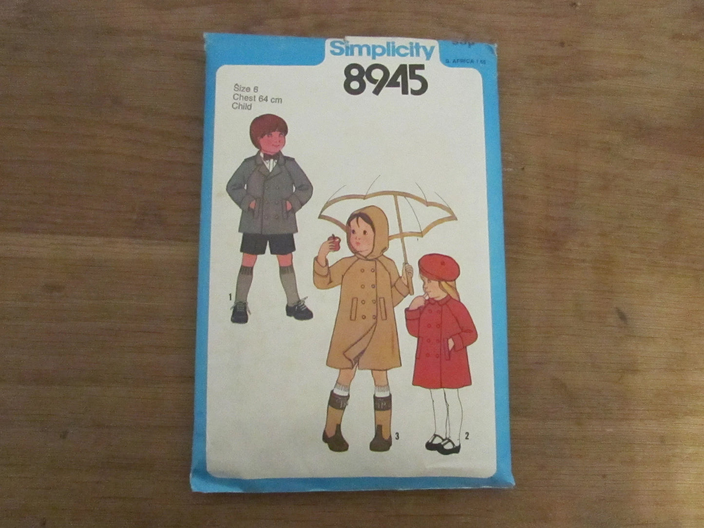Uncut 1979 Simplicity 8945 sewing pattern for child's lined coat, hooded coat or jacket & hat, size 6 (complete)