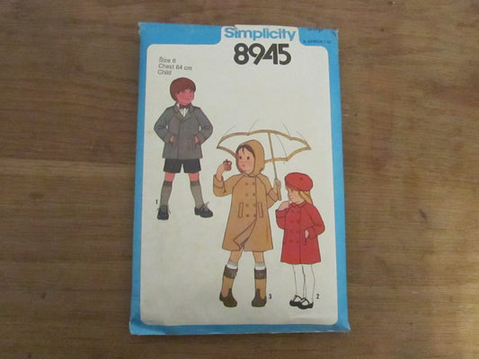 Uncut 1979 Simplicity 8945 sewing pattern for child's lined coat, hooded coat or jacket & hat, size 6 (complete)