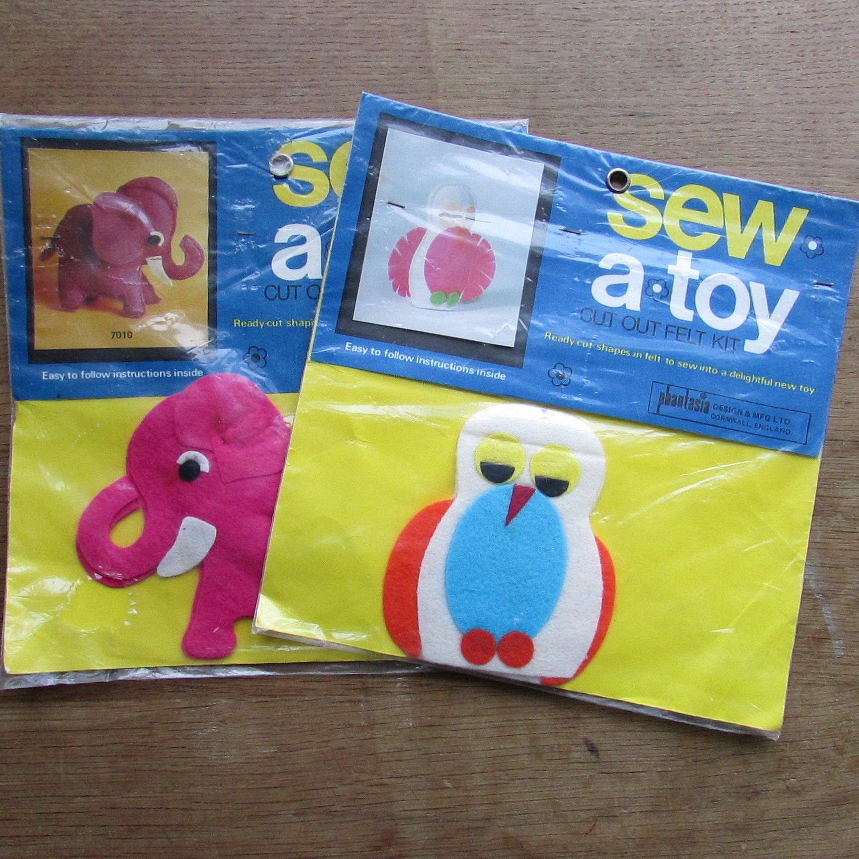 Two 1970s Phantasia Craft sew.a.toy cut-out felt kit - baby elephant, or baby owl