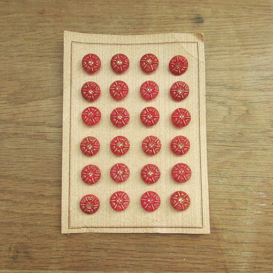 Vintage carded red & gold glass shield buttons x24