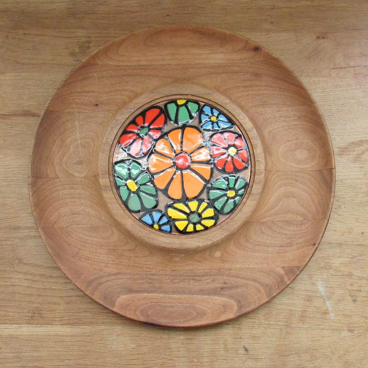 1960s walnut cheese tray with enamelled floral insert, designed by Ernest Sohn