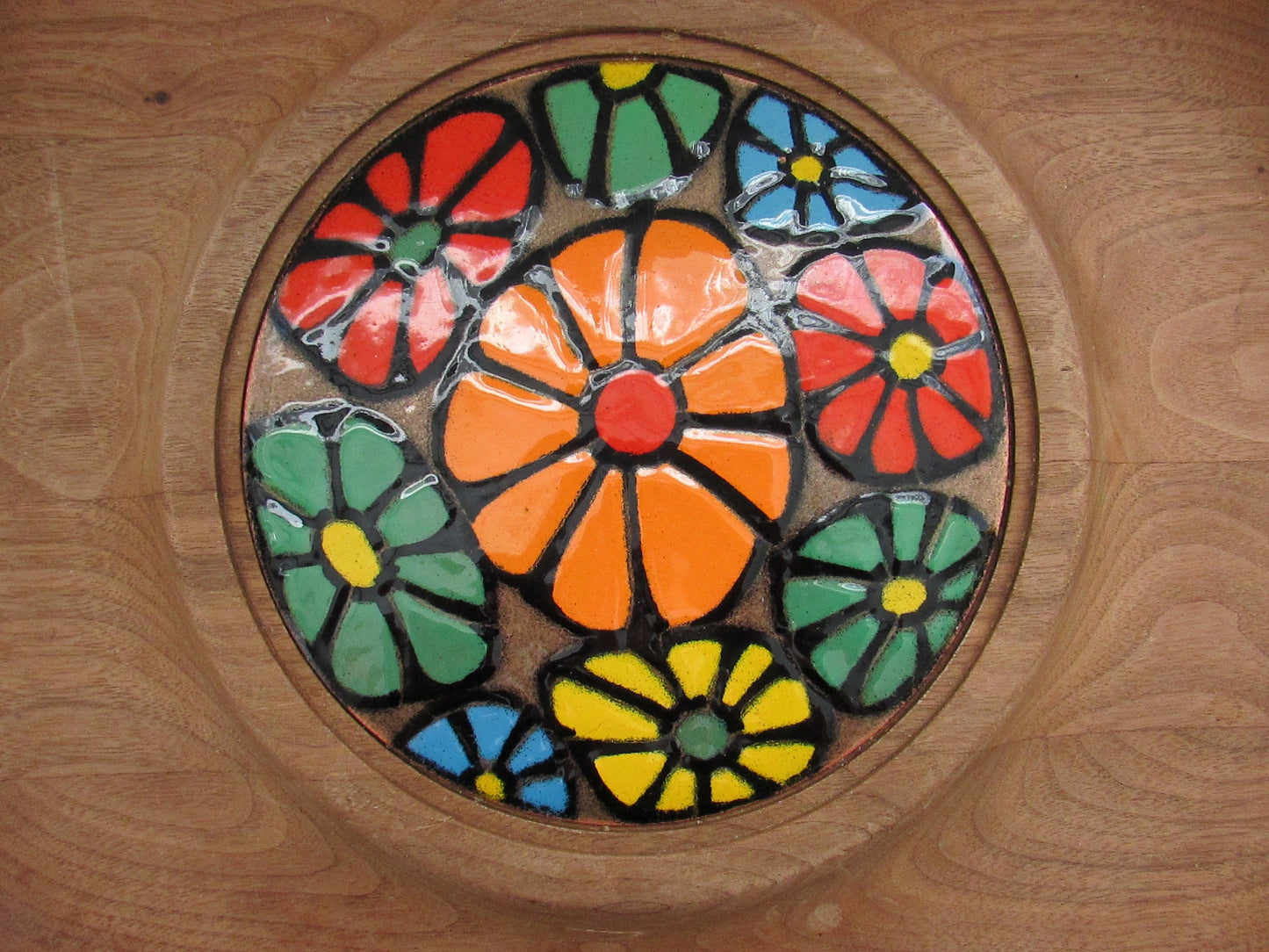 1960s walnut cheese tray with enamelled floral insert, designed by Ernest Sohn