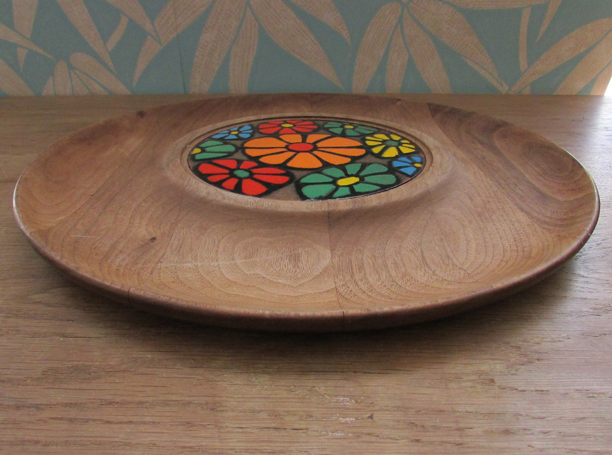 1960s walnut cheese tray with enamelled floral insert, designed by Ernest Sohn