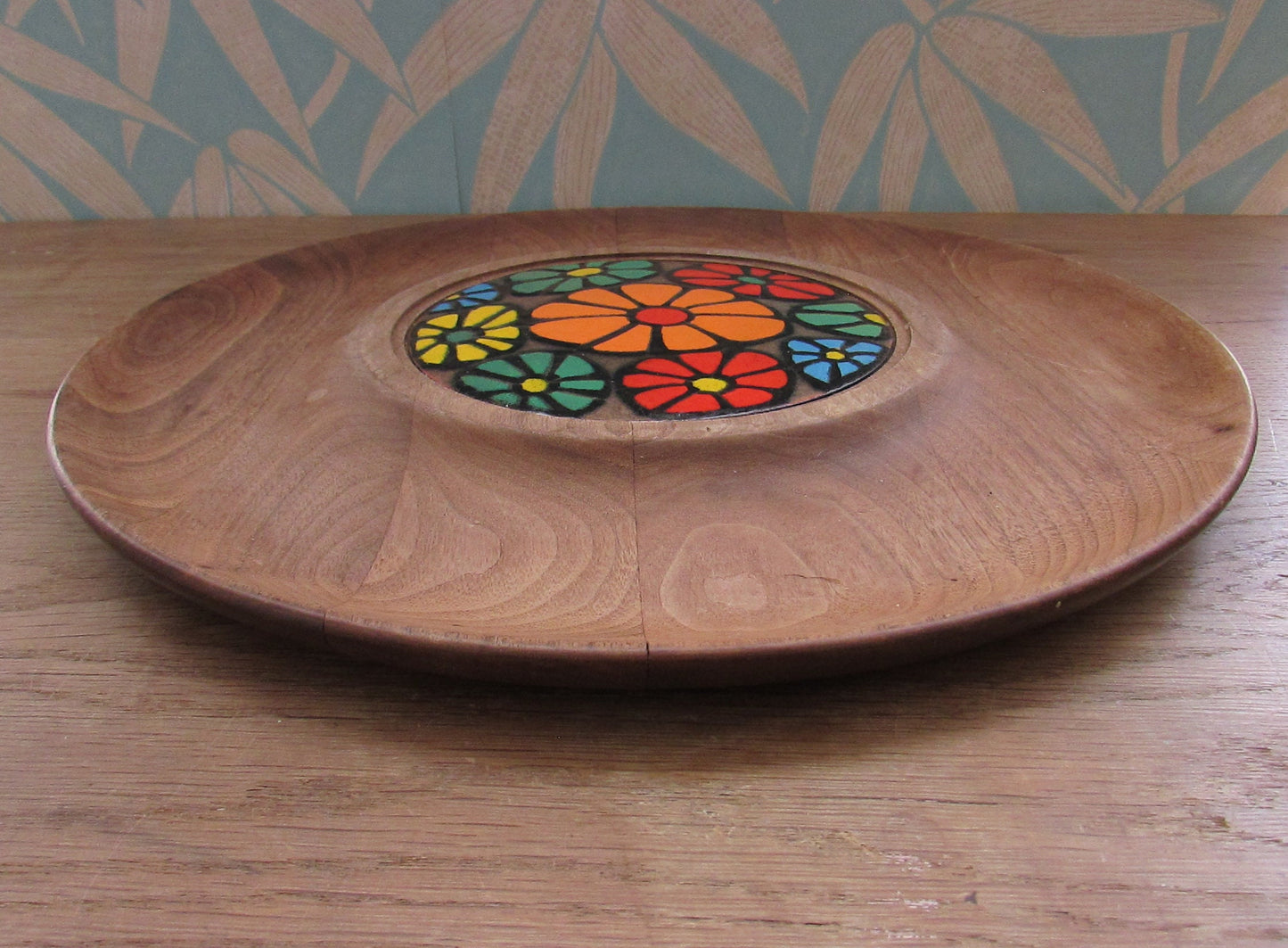1960s walnut cheese tray with enamelled floral insert, designed by Ernest Sohn