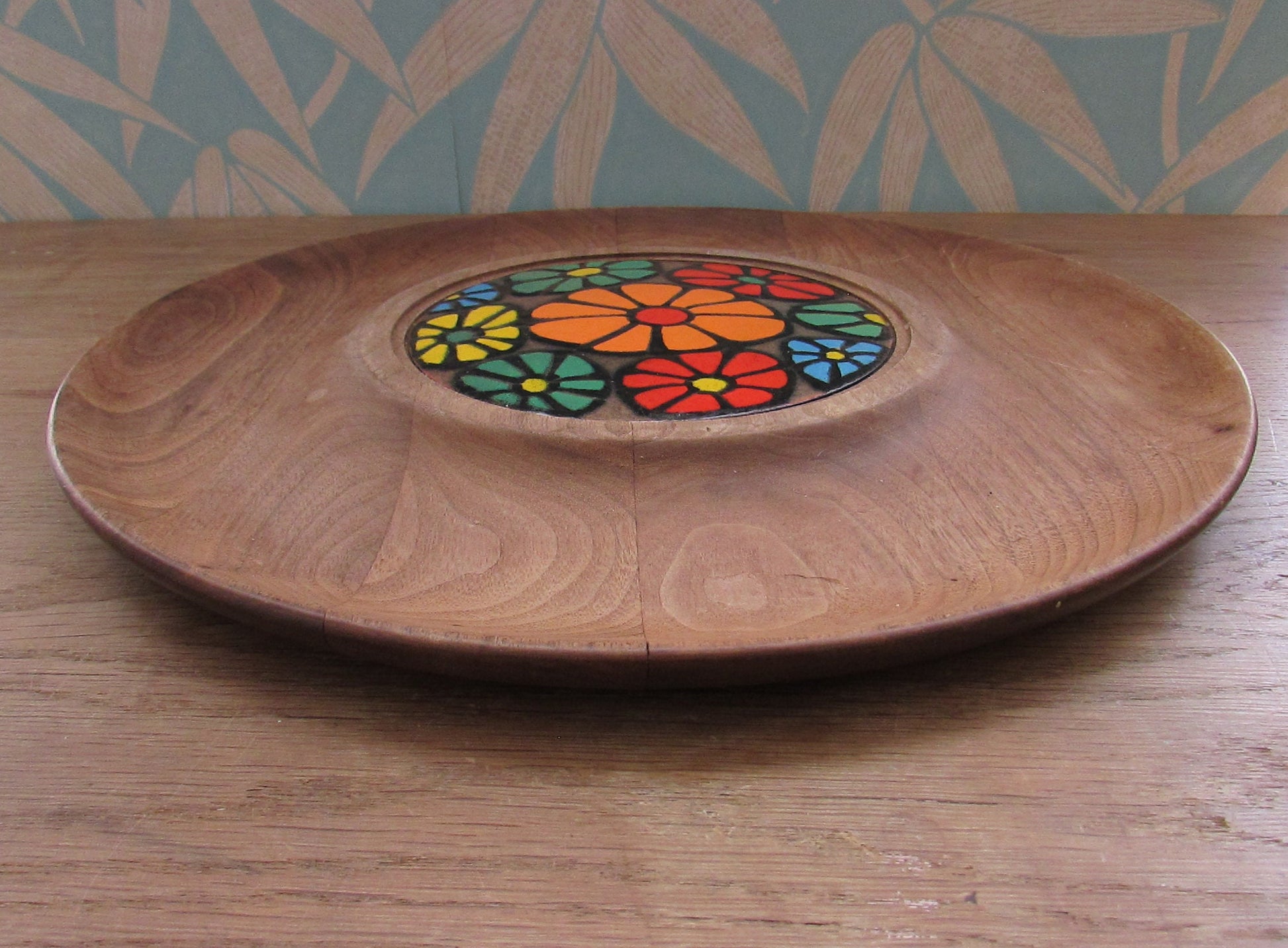 1960s walnut cheese tray with enamelled floral insert, designed by Ernest Sohn