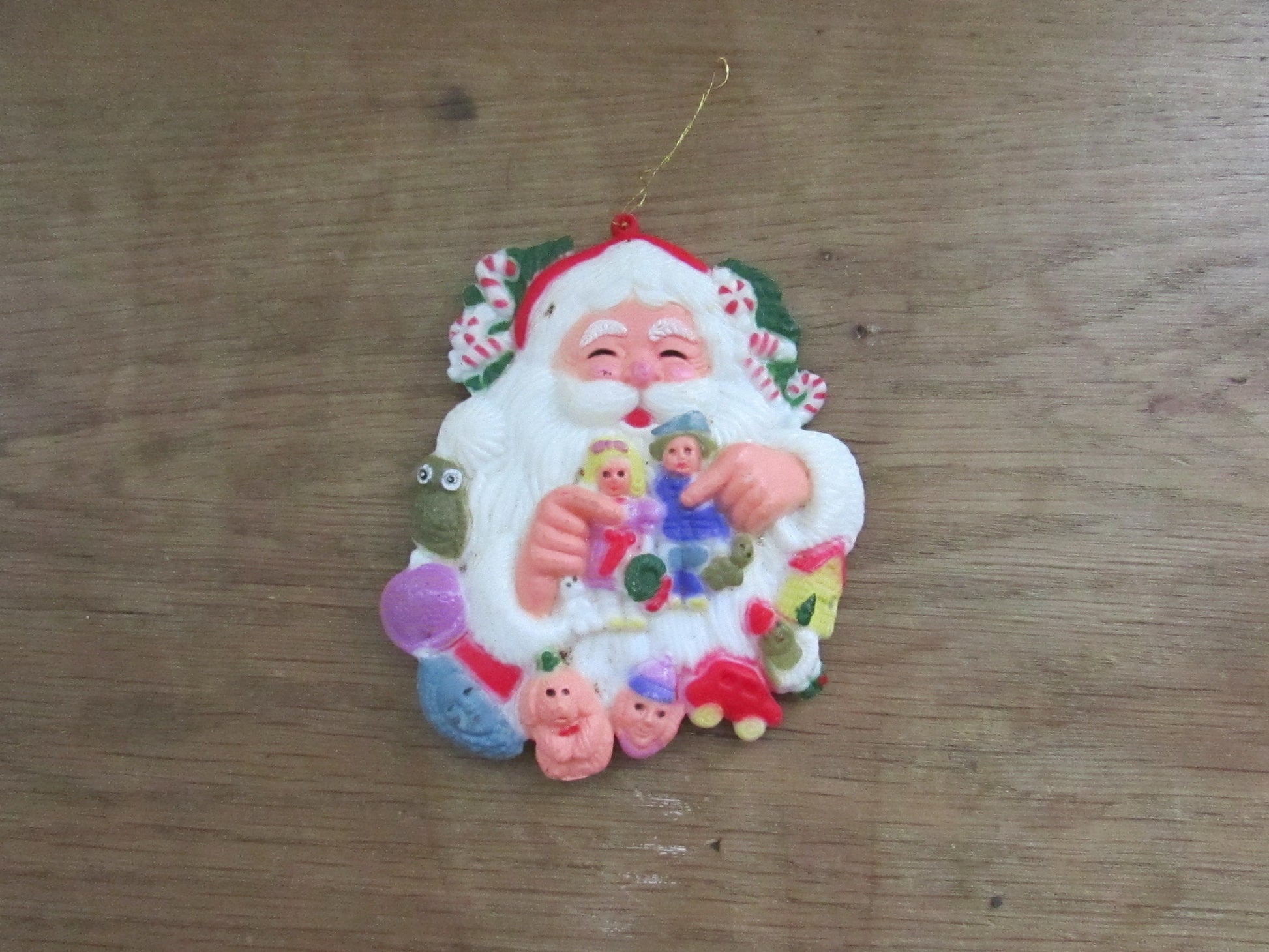 Pair of vintage hard plastic Father Christmas/Santa tree ornaments