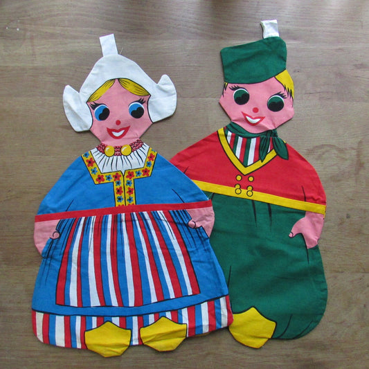 1970s kitsch hand-made Dutch boy & girl cloth peg bag duo