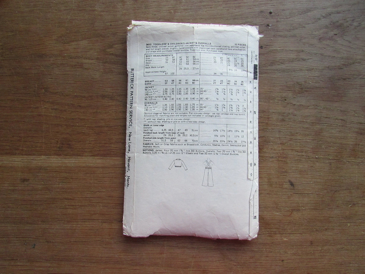 Part cut 1970s Butterick 3453 sewing pattern for toddlers' & children's jacket and overalls. size 2 (complete)