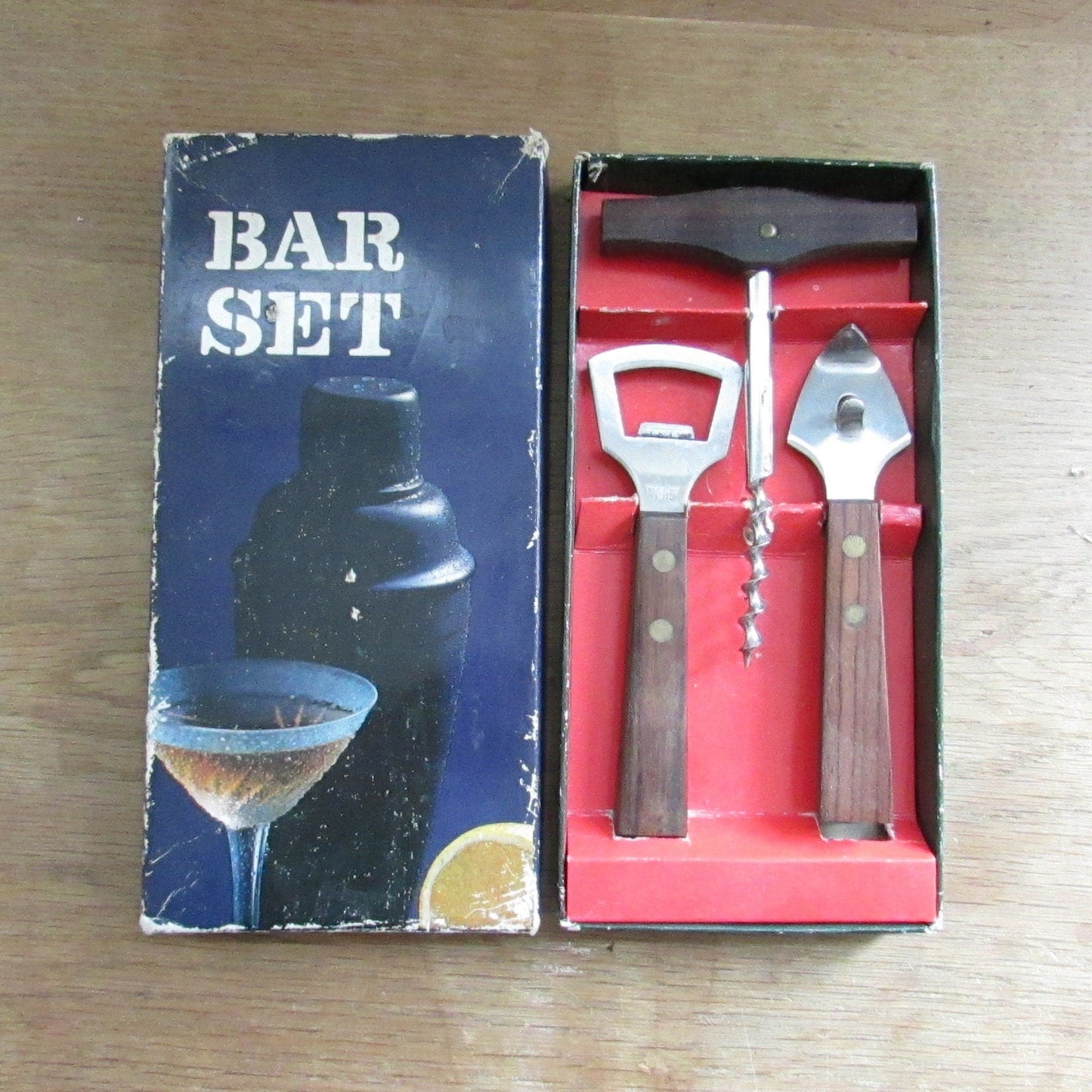 1970s 3-piece teak & stainless steel bar set