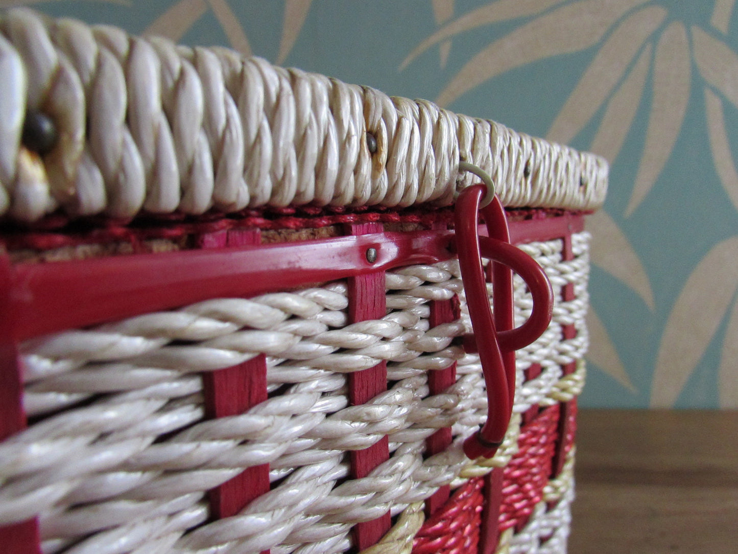Mid-century red vinyl & wicker sewing box, depicting mother and baby deer