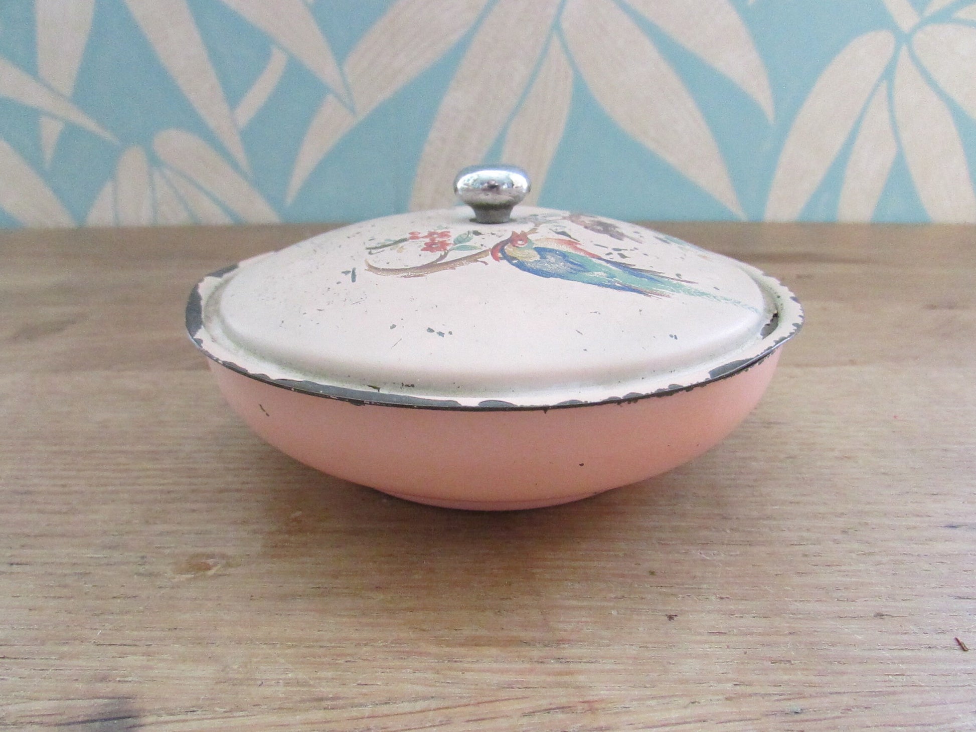 Vintage hand painted pink enamel lidded soap/trinket dish, bird on blossom branch