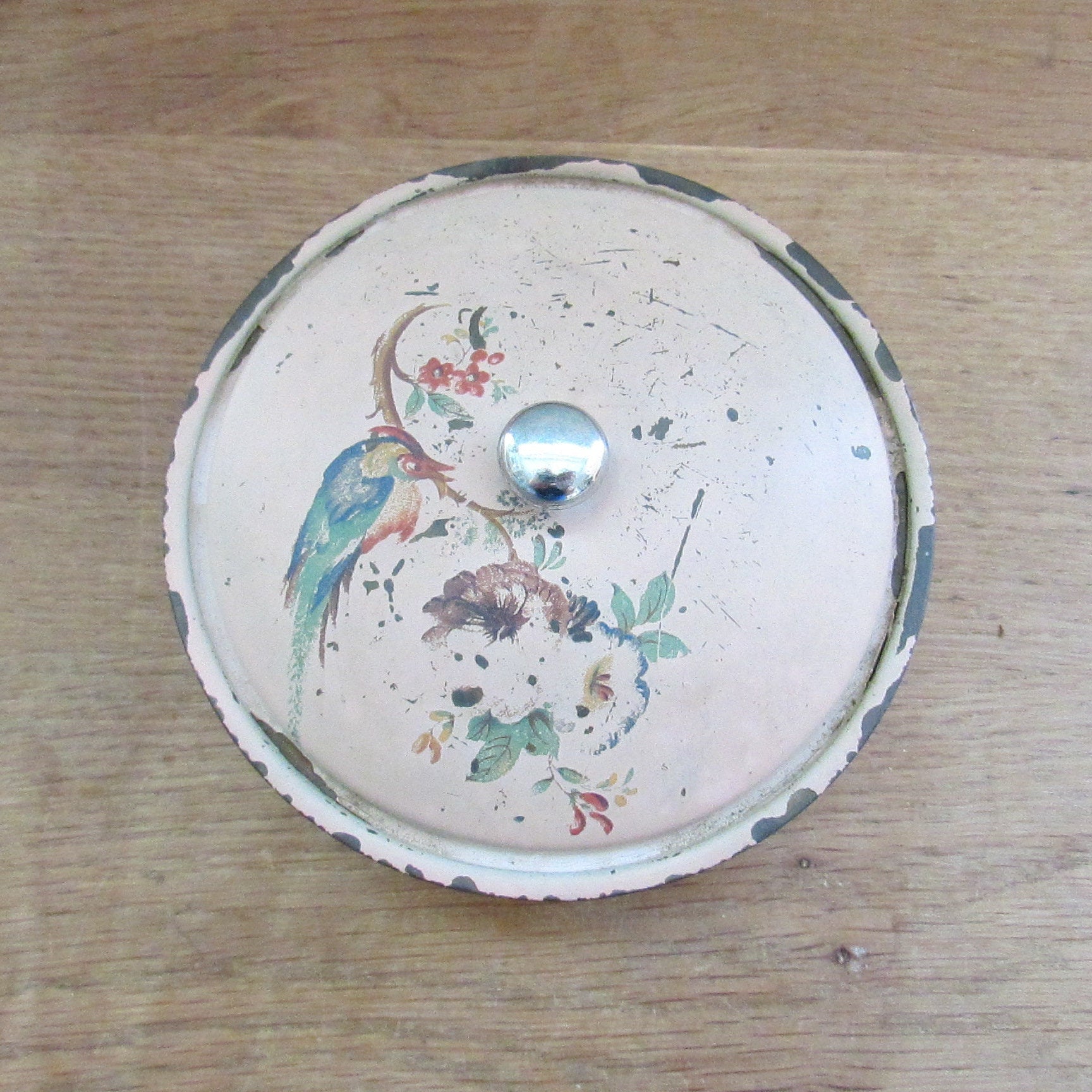 Vintage hand painted pink enamel lidded soap/trinket dish, bird on blossom branch