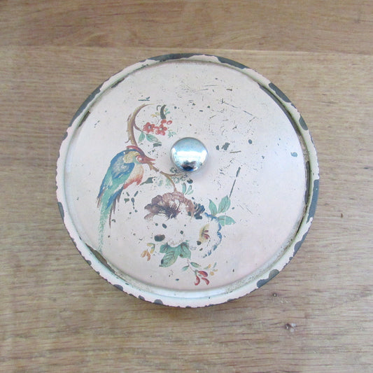 Vintage hand painted pink enamel lidded soap/trinket dish, bird on blossom branch