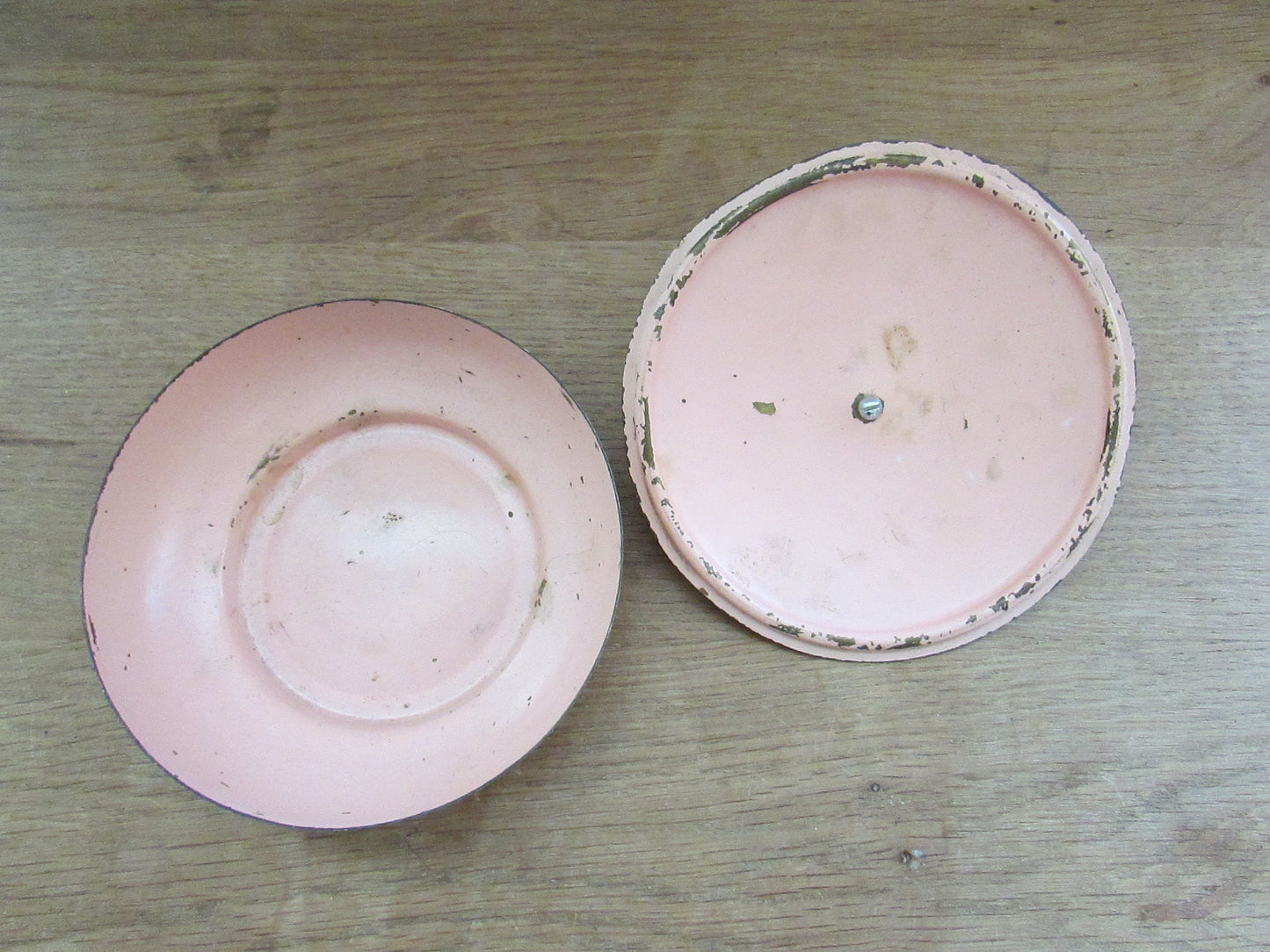 Vintage hand painted pink enamel lidded soap/trinket dish, bird on blossom branch