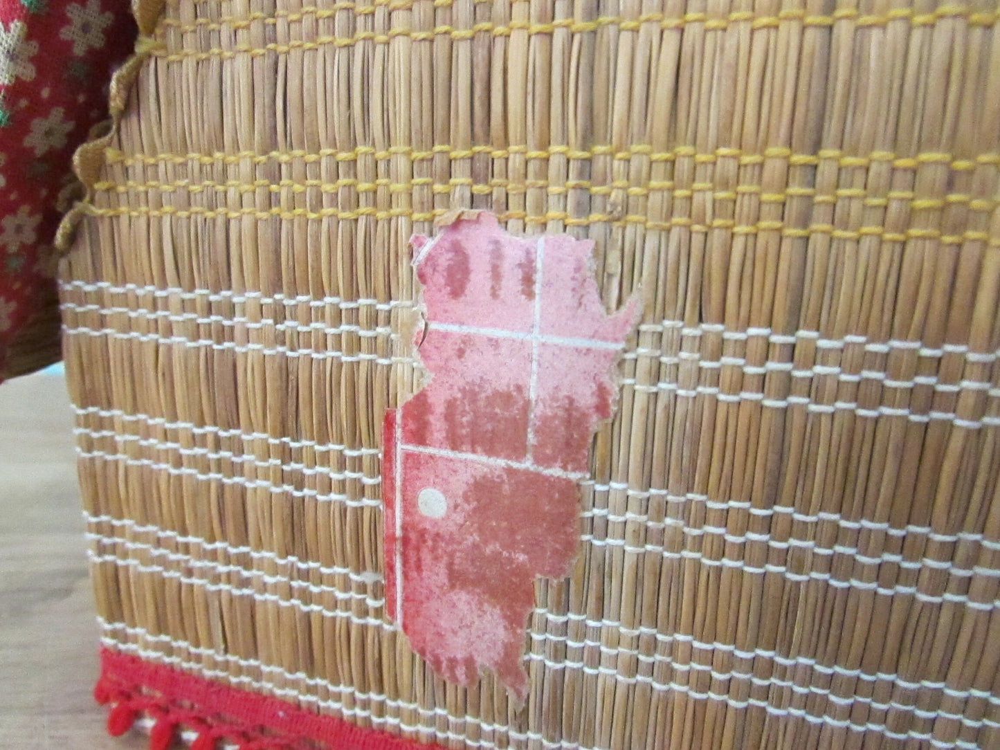 Vintage house-shaped woven raffia/reed sewing basket