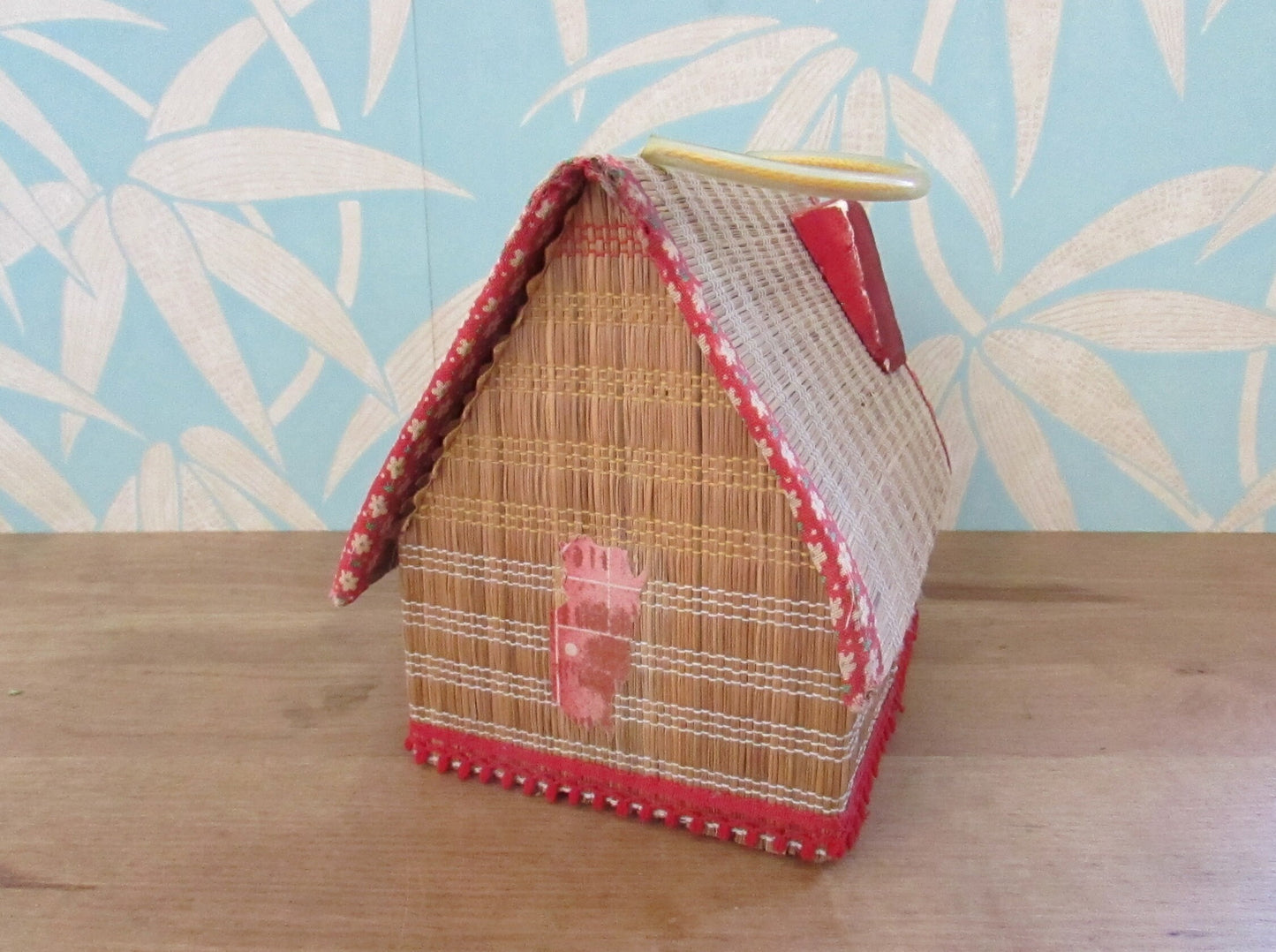 Vintage house-shaped woven raffia/reed sewing basket