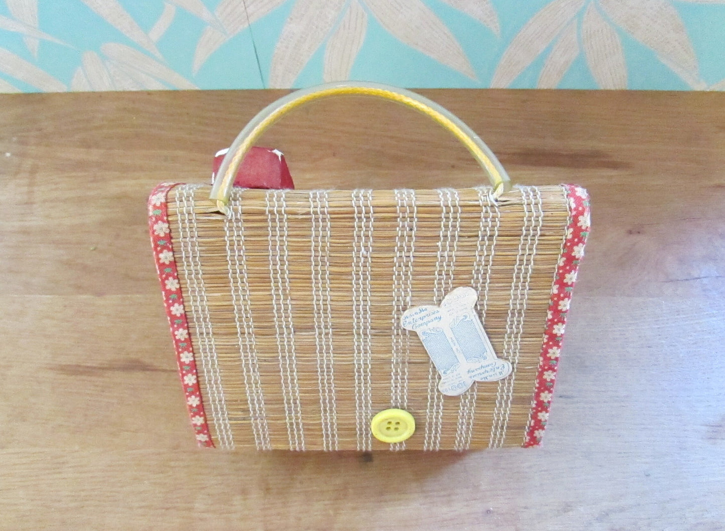 Vintage house-shaped woven raffia/reed sewing basket