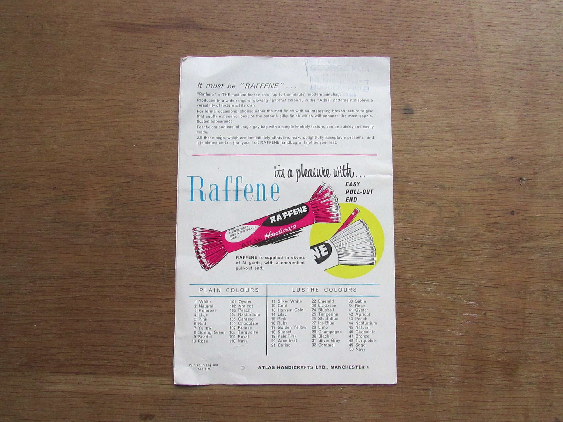 1960s Atlas Handicrafts K7 how-to-make pattern for 'Palma' Raffene hats